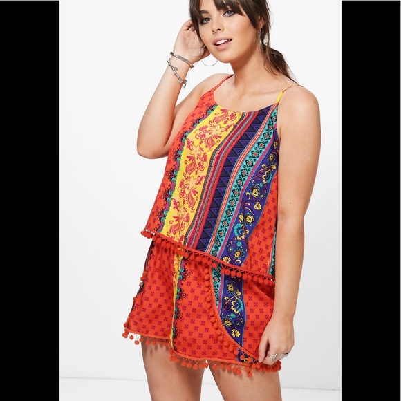 Boohoo Plus Tops - Boohoo Orange Pom Pom Tribal Print Two Piece Set